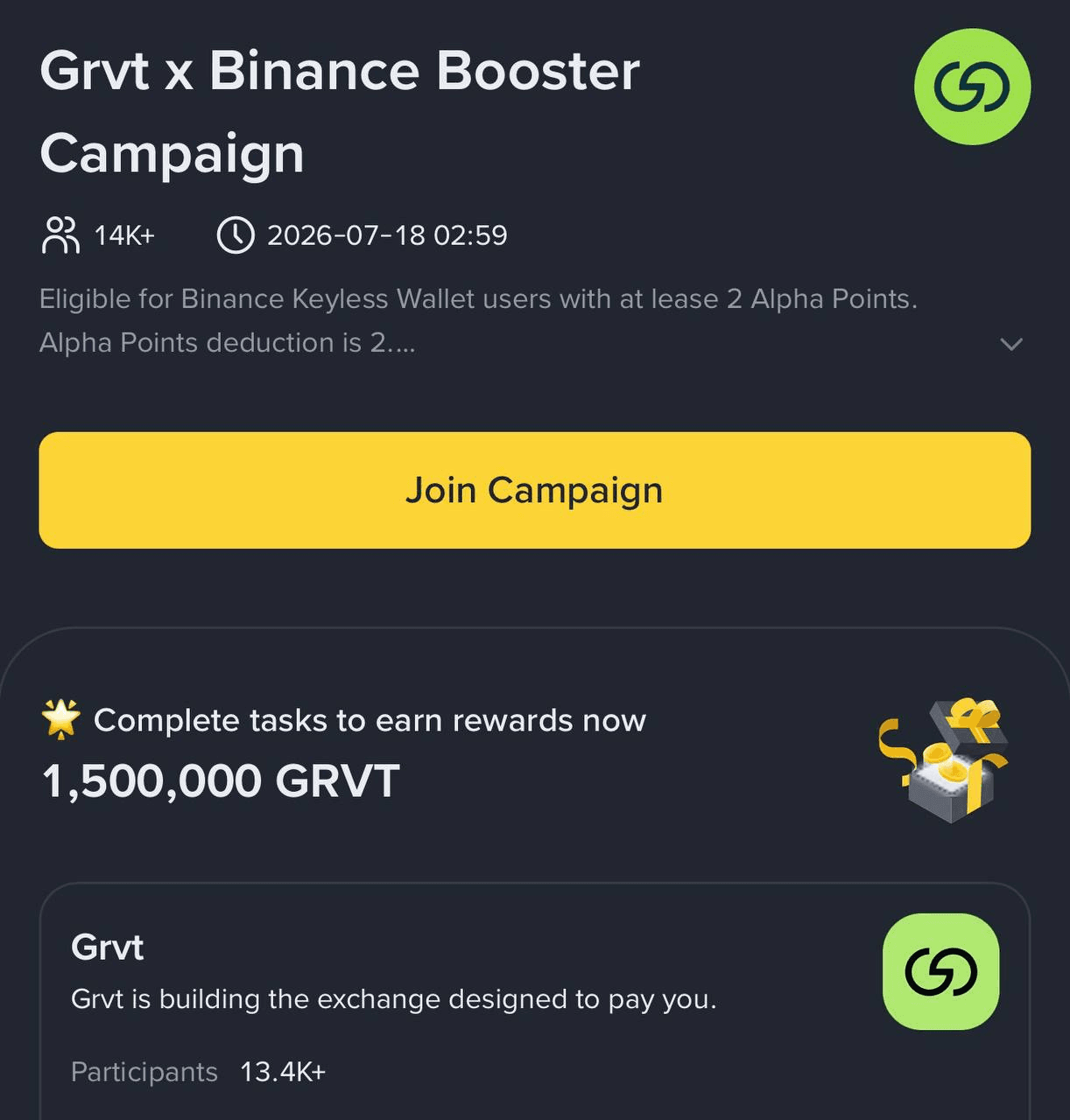 GRVT x Binance Booster Campaign: 1,500,000 GRVT